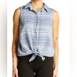 Blue Striped Button Down Sleeveless Tie Shirt | Size XL